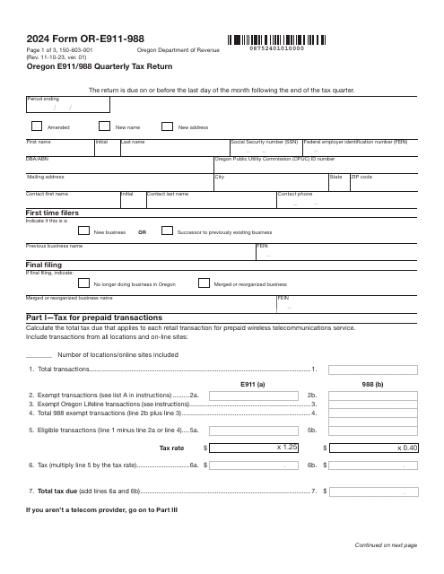 Form OR-E911-988 (150-603-001) Oregon E911/988 Quarterly Tax Return - Oregon, 2024
