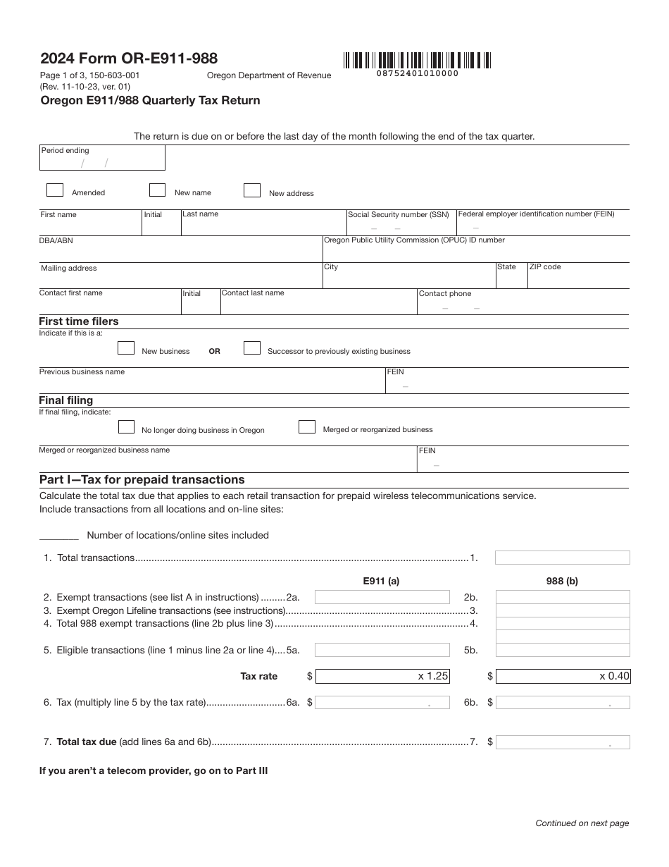 Form OR-E911-988 (150-603-001) Oregon E911 / 988 Quarterly Tax Return - Oregon, Page 1