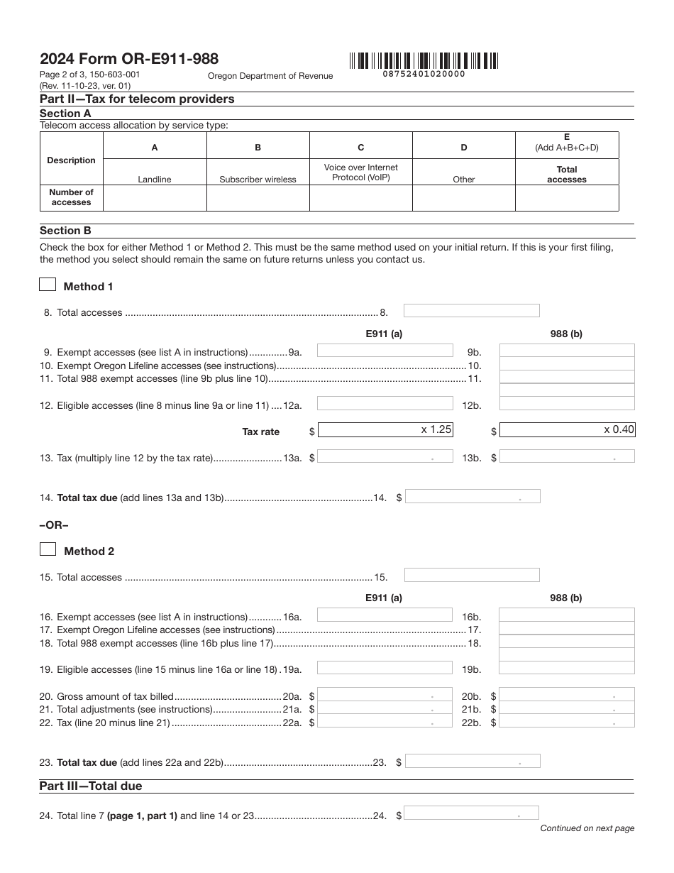 Form OR-E911-988 (150-603-001) Oregon E911 / 988 Quarterly Tax Return - Oregon, Page 2