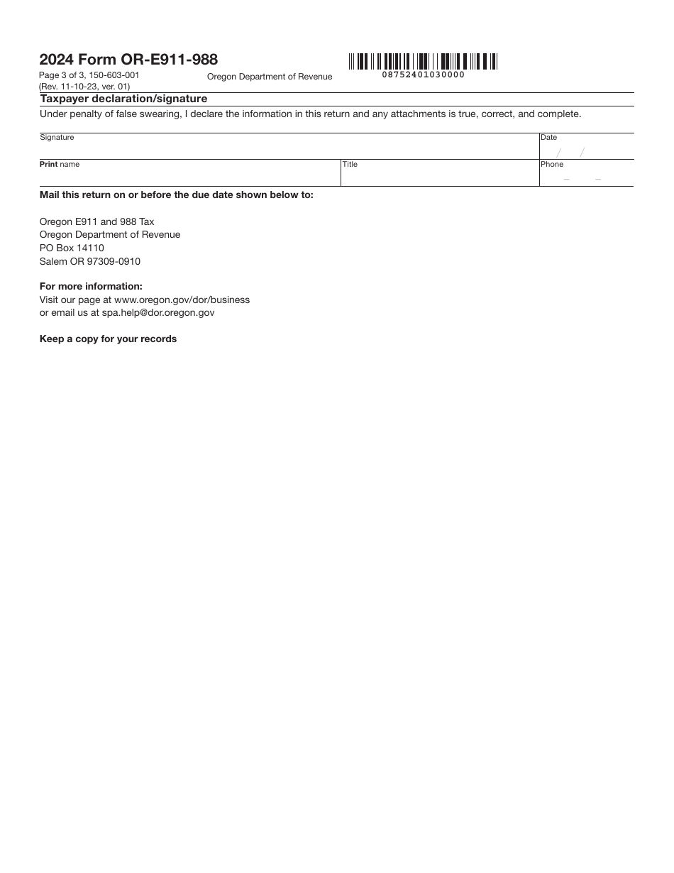 Form OR-E911-988 (150-603-001) Oregon E911 / 988 Quarterly Tax Return - Oregon, Page 3