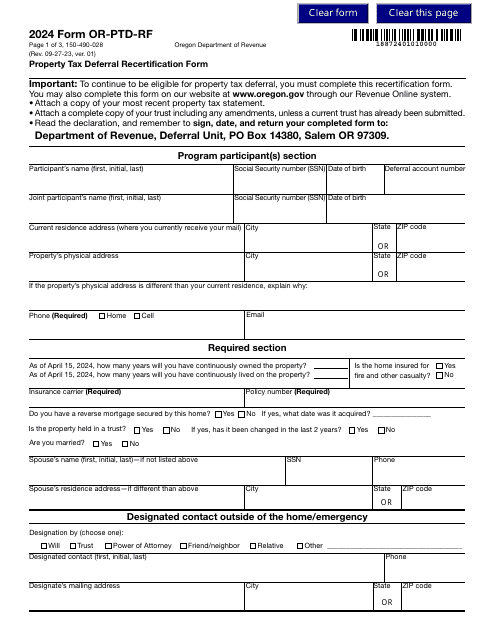 Form OR-PTD-RF (150-490-028) 2024 Printable Pdf