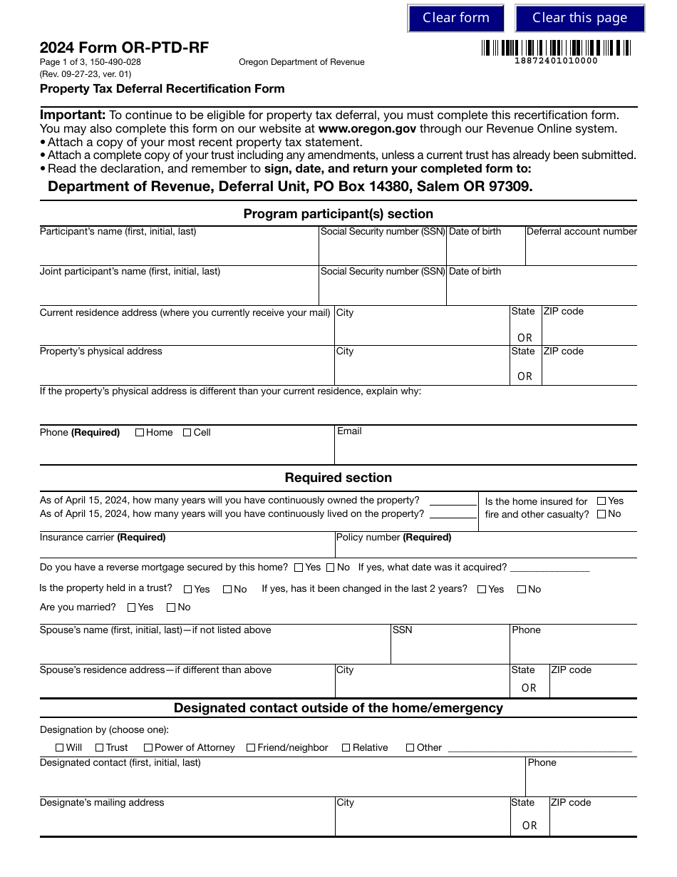 Form OR-PTD-RF (150-490-028) Property Tax Deferral Recertification Form - Oregon, Page 1