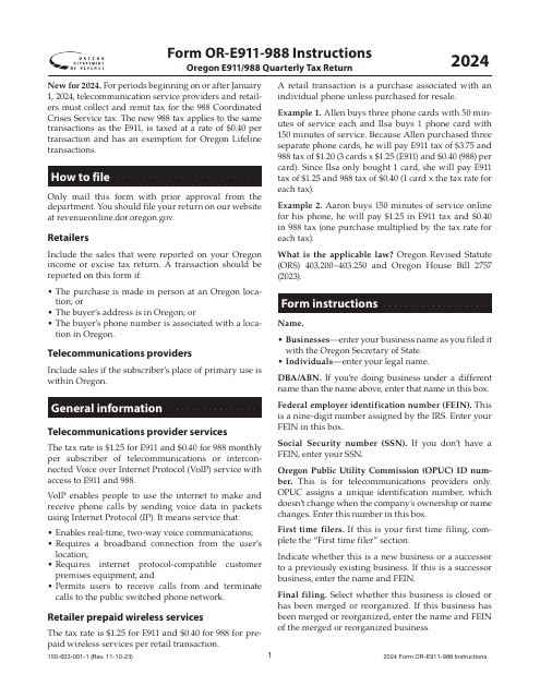 Instructions for Form OR-E911-988, 150-603-001 Oregon E911/988 Quarterly Tax Return - Oregon, 2024