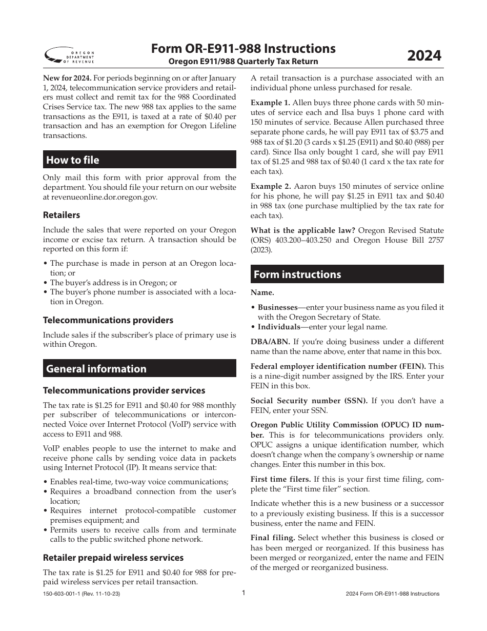 Instructions for Form OR-E911-988, 150-603-001 Oregon E911 / 988 Quarterly Tax Return - Oregon, Page 1