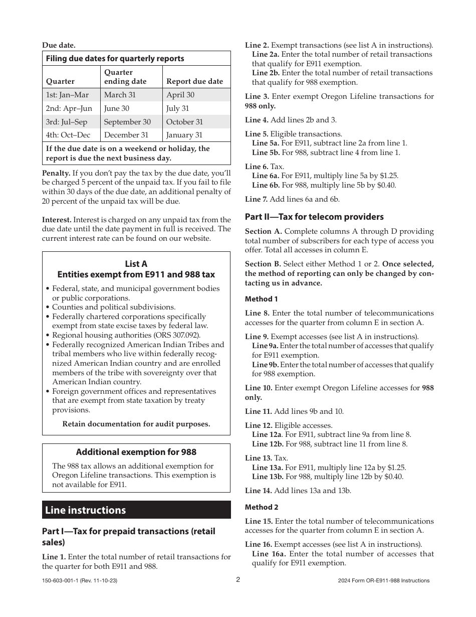Instructions for Form OR-E911-988, 150-603-001 Oregon E911 / 988 Quarterly Tax Return - Oregon, Page 2