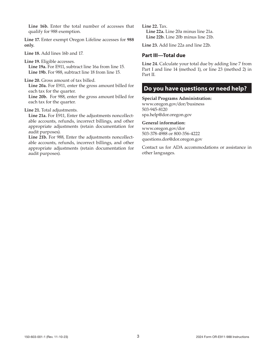 Instructions for Form OR-E911-988, 150-603-001 Oregon E911 / 988 Quarterly Tax Return - Oregon, Page 3