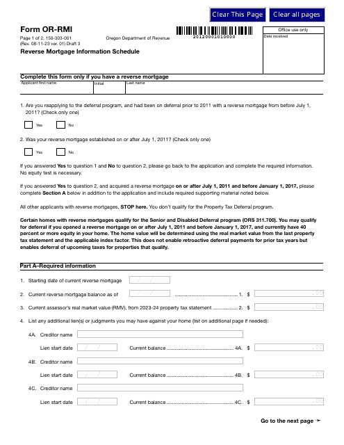 Form OR-RMI (150-303-001) Reverse Mortgage Information Schedule - Oregon