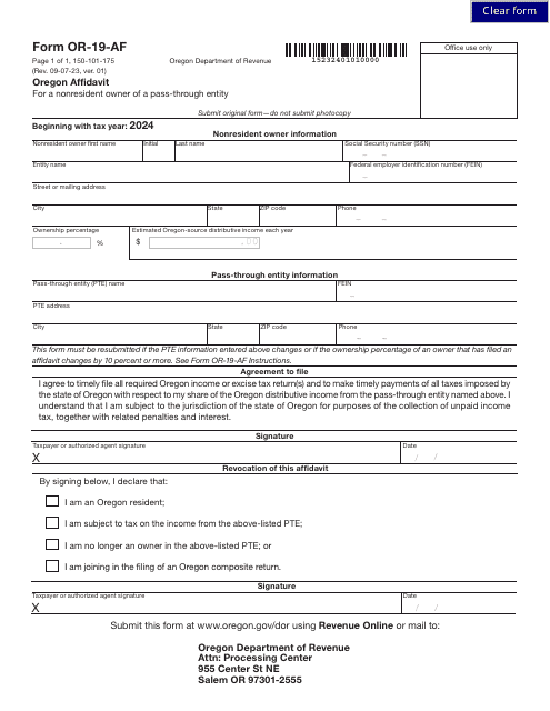Form OR-19-AF (150-101-175) Oregon Affidavit for a Nonresident Owner of a Pass-Through Entity - Oregon, 2024