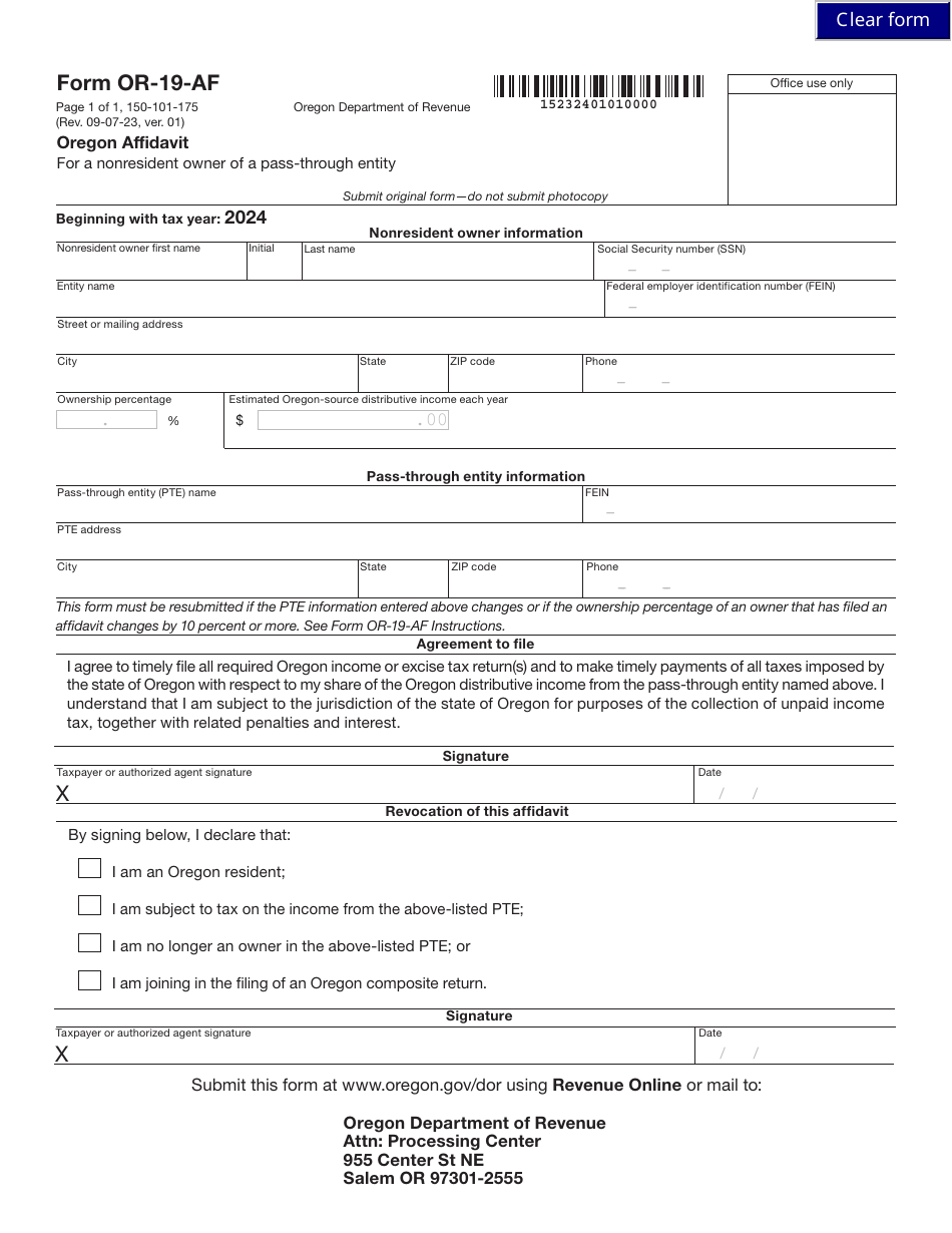 Form OR-19-AF (150-101-175) Oregon Affidavit for a Nonresident Owner of a Pass-Through Entity - Oregon, Page 1