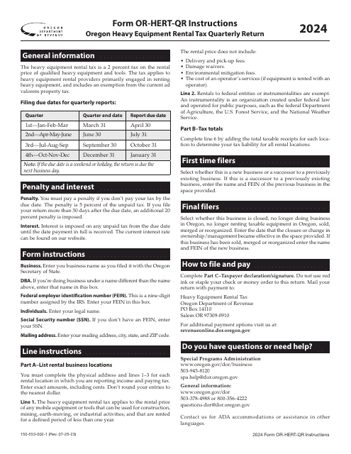 Instructions for Form OR-HERT-QR, 150-553-002 Oregon Heavy Equipment Rental Tax Quarterly Return - Oregon, 2024
