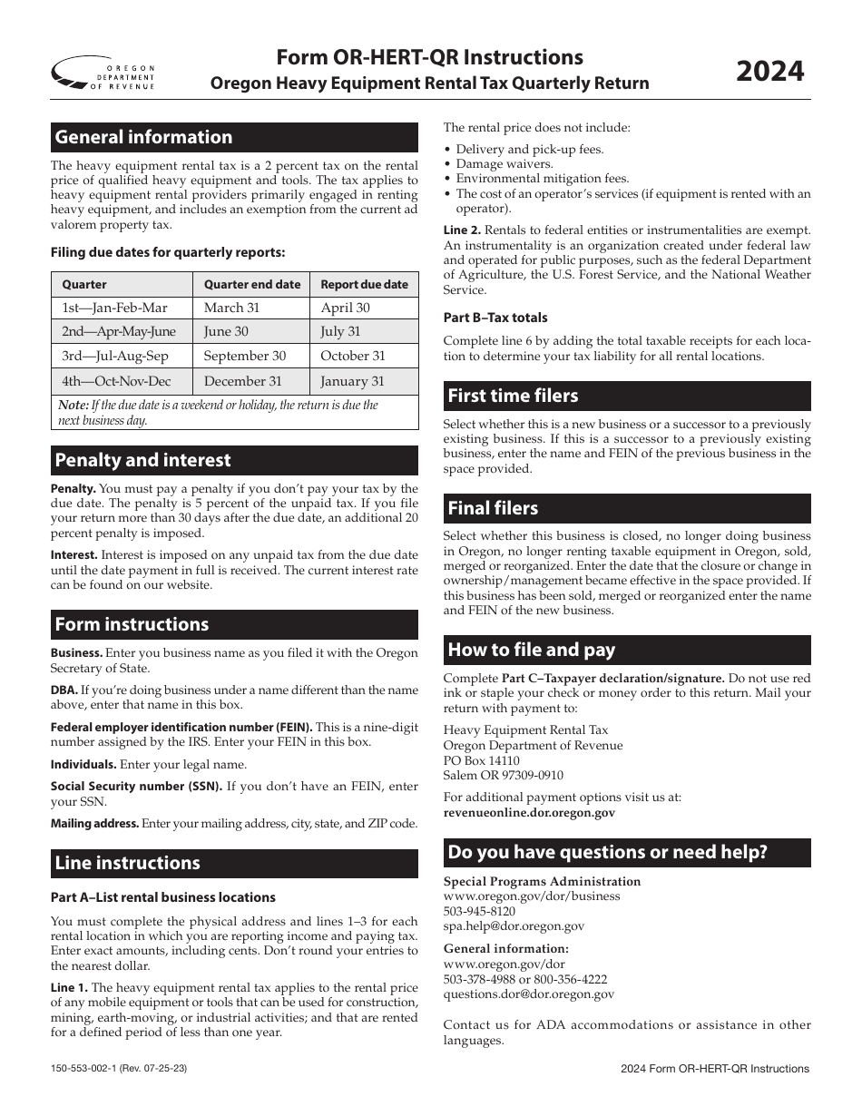 Instructions for Form OR-HERT-QR, 150-553-002 Oregon Heavy Equipment Rental Tax Quarterly Return - Oregon, Page 1