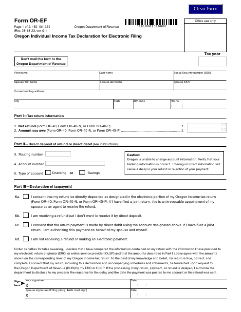 Form OR-EF (150-101-339)  Printable Pdf