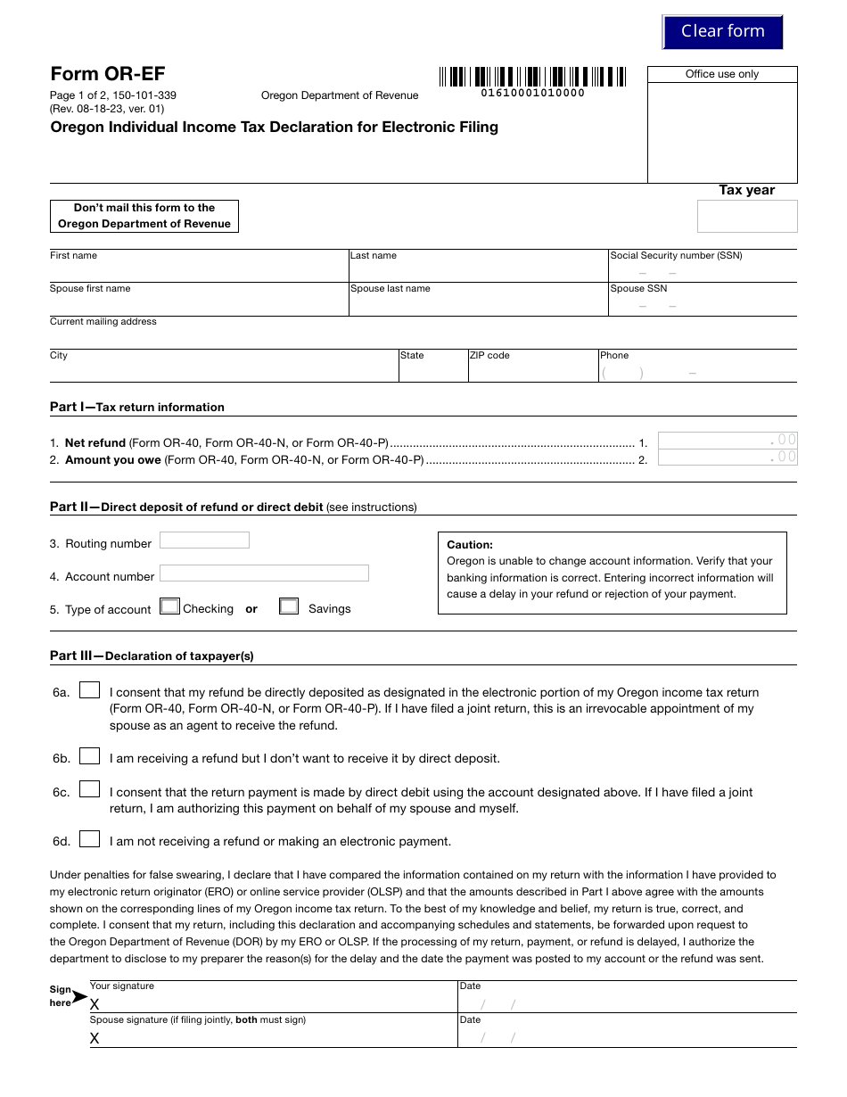 Form OR-EF (150-101-339) Oregon Individual Income Tax Declaration for Electronic Filing - Oregon, Page 1