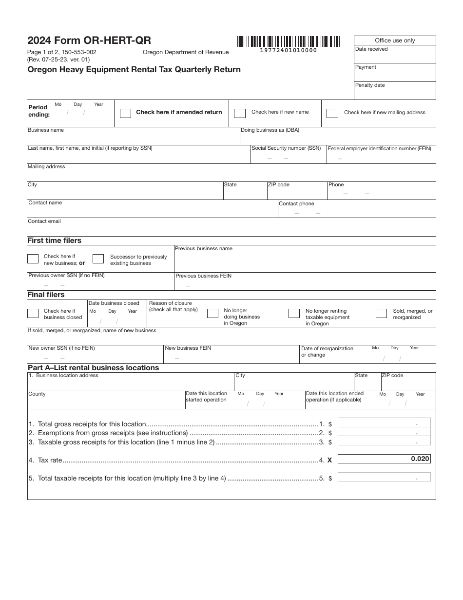 Form OR-HERT-QR (150-553-002) Oregon Heavy Equipment Rental Tax Quarterly Return - Oregon, Page 1