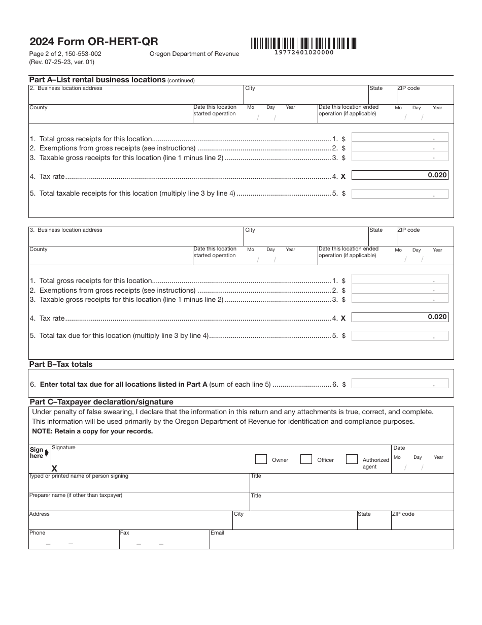 Form OR-HERT-QR (150-553-002) Oregon Heavy Equipment Rental Tax Quarterly Return - Oregon, Page 2