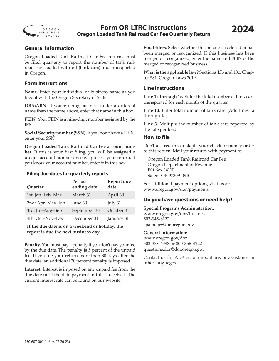 Instructions for Form OR-LTRC, 150-607-001 Oregon Loaded Tank Railroad Car Fee Quarterly Return - Oregon, Page 1