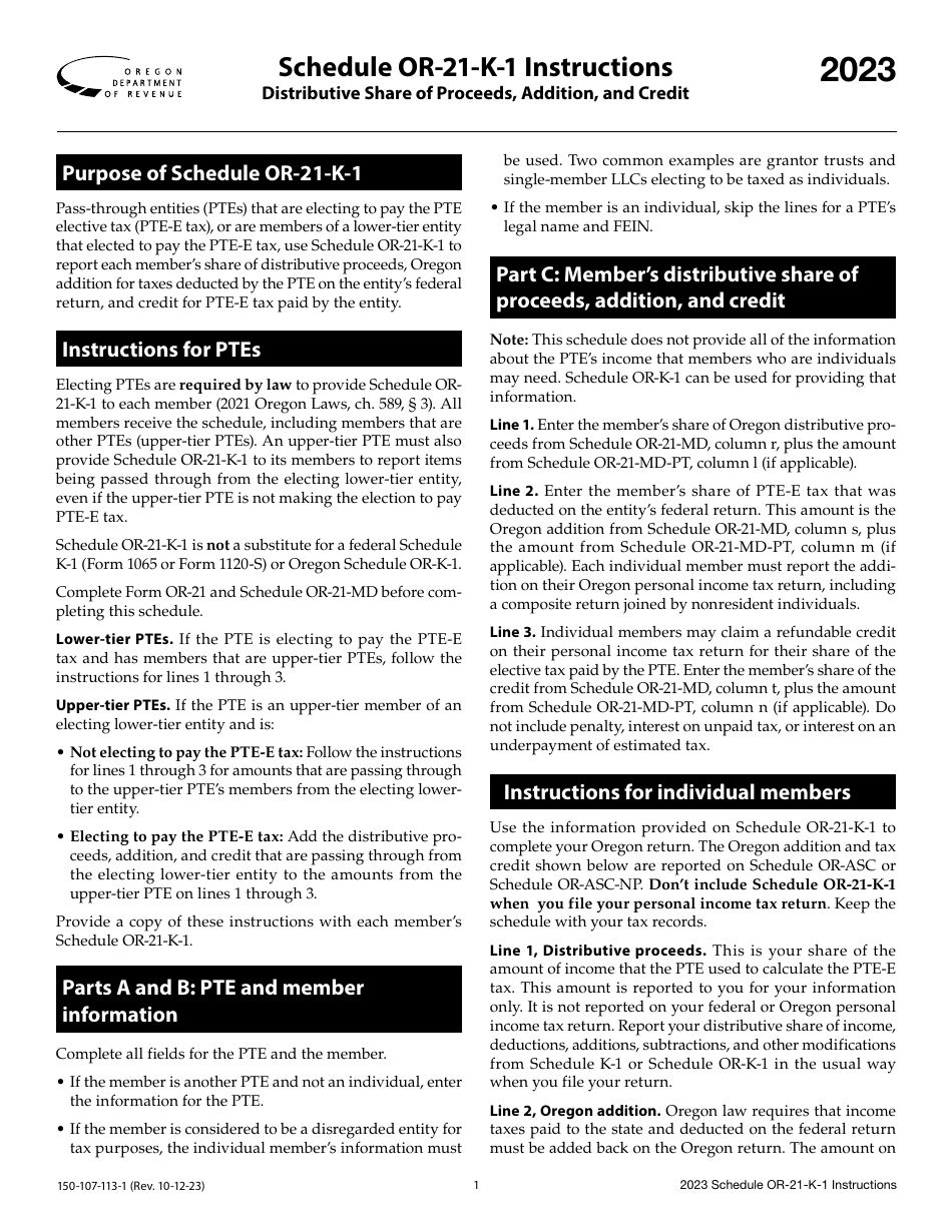 Instructions for Form 150-107-113 Schedule OR-21-K-1 Distributive Share of Proceeds, Addition, and Credit for Members of Pass-Through Entities Paying Elective Tax - Oregon, Page 1