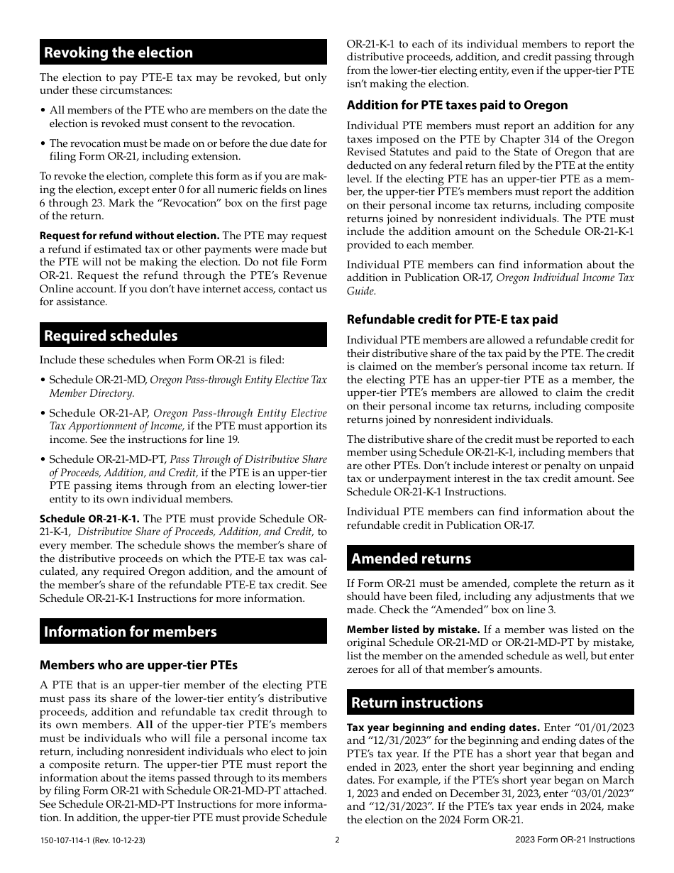 Instructions for Form OR-21, 150-107-114 Oregon Pass-Through Entity Elective Tax Return - Oregon, Page 2