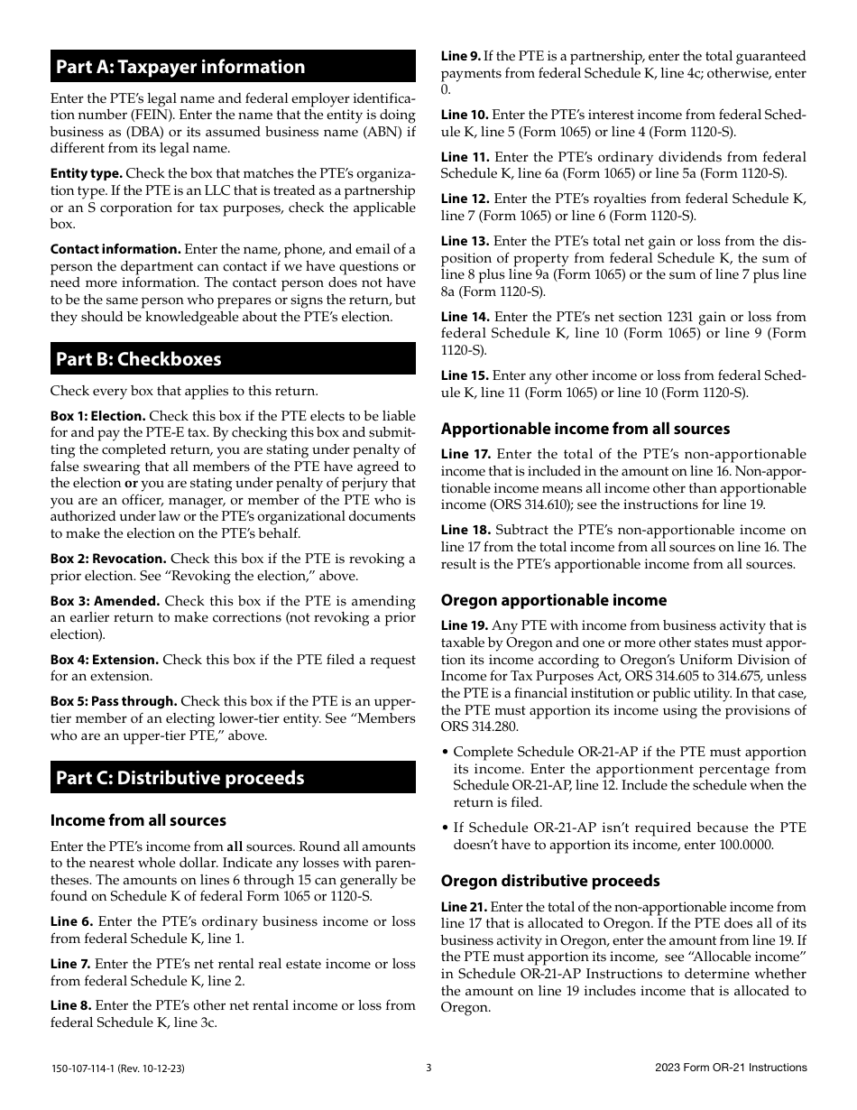 Instructions for Form OR-21, 150-107-114 Oregon Pass-Through Entity Elective Tax Return - Oregon, Page 3