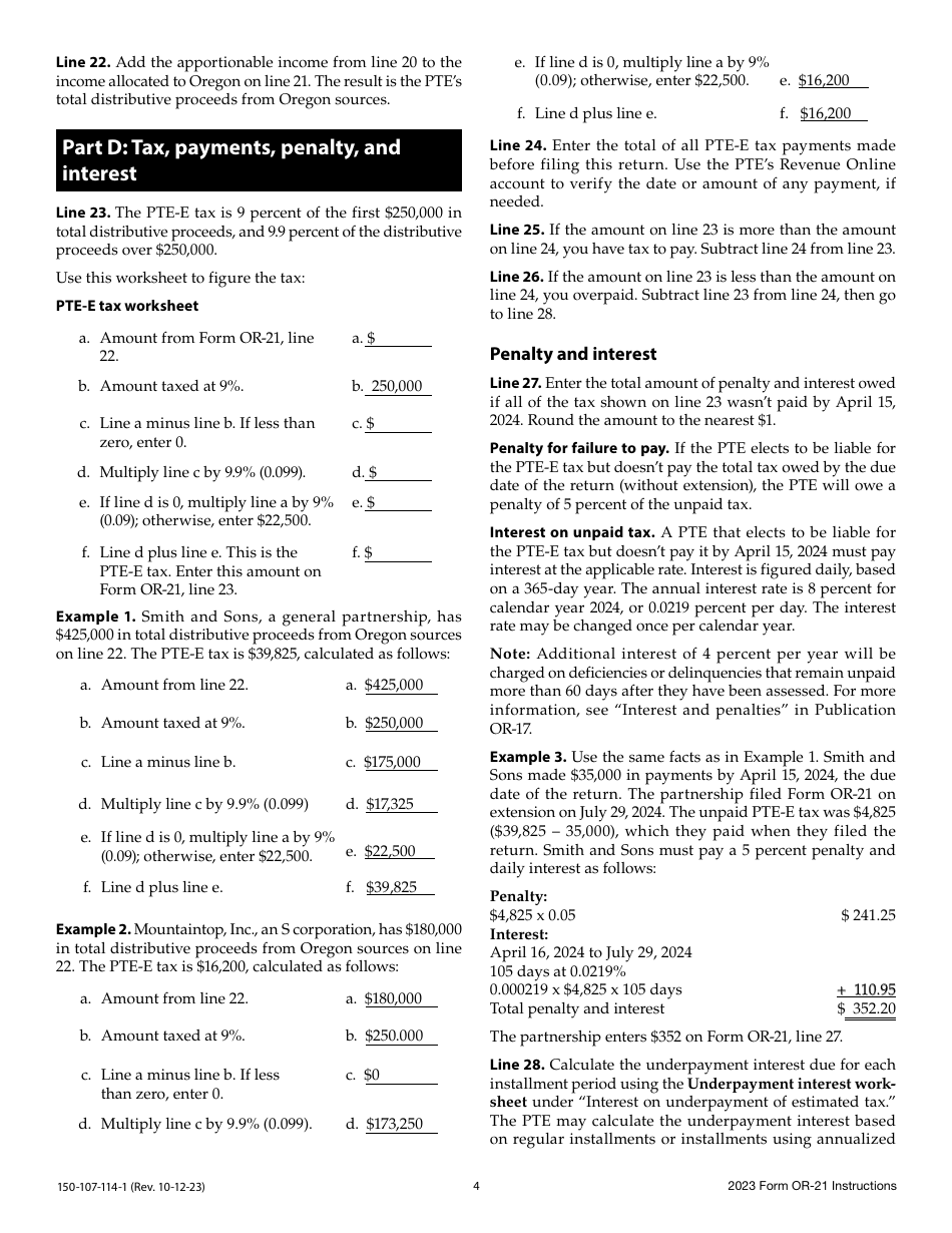 Instructions for Form OR-21, 150-107-114 Oregon Pass-Through Entity Elective Tax Return - Oregon, Page 4