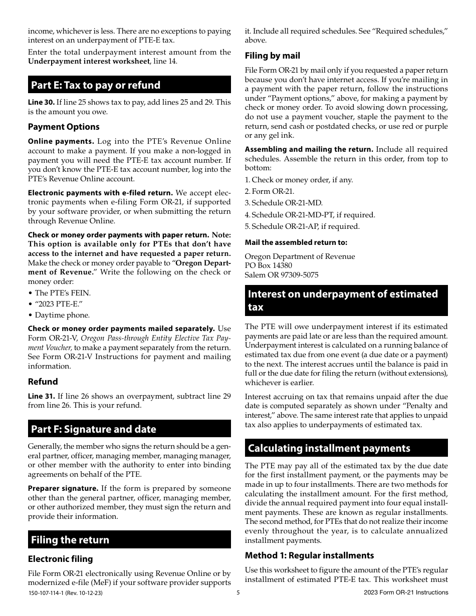 Instructions for Form OR-21, 150-107-114 Oregon Pass-Through Entity Elective Tax Return - Oregon, Page 5