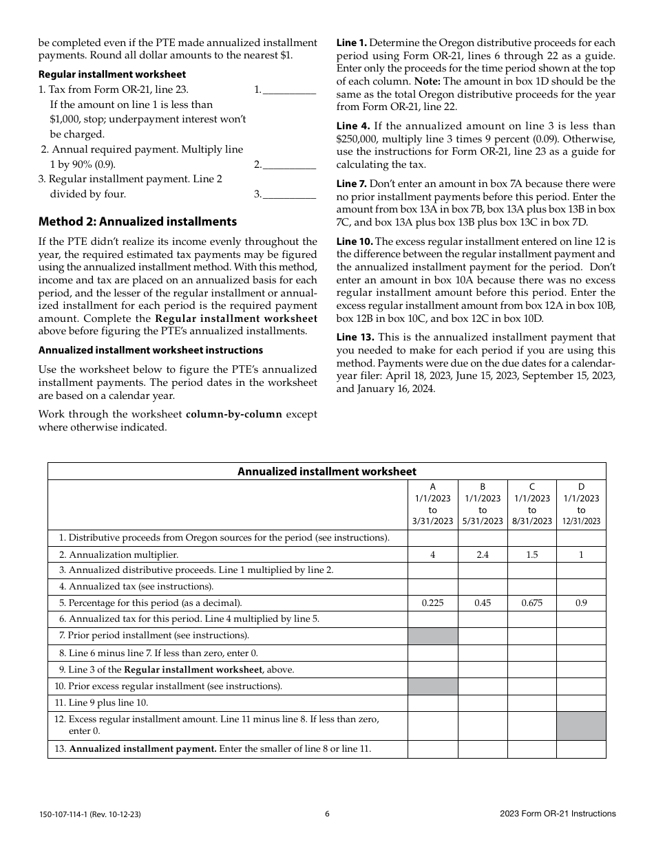 Instructions for Form OR-21, 150-107-114 Oregon Pass-Through Entity Elective Tax Return - Oregon, Page 6
