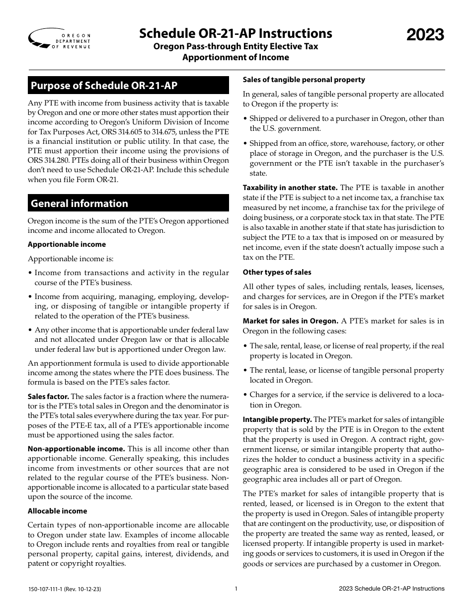 Instructions for Form 150-107-111 Schedule OR-21-AP Oregon Pass-Through Entity Elective Tax Apportionment of Income - Oregon, Page 1