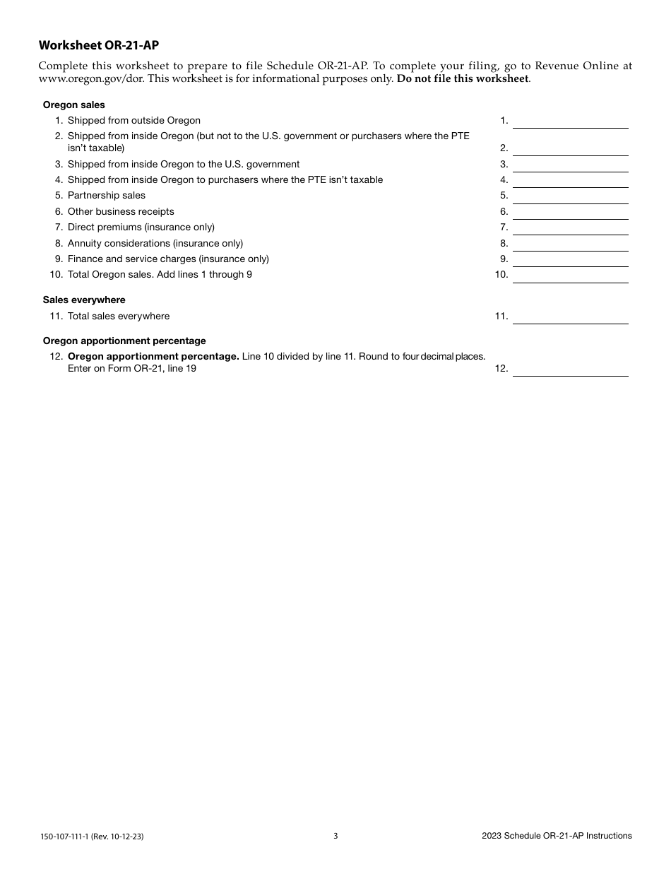 Instructions for Form 150-107-111 Schedule OR-21-AP Oregon Pass-Through Entity Elective Tax Apportionment of Income - Oregon, Page 3