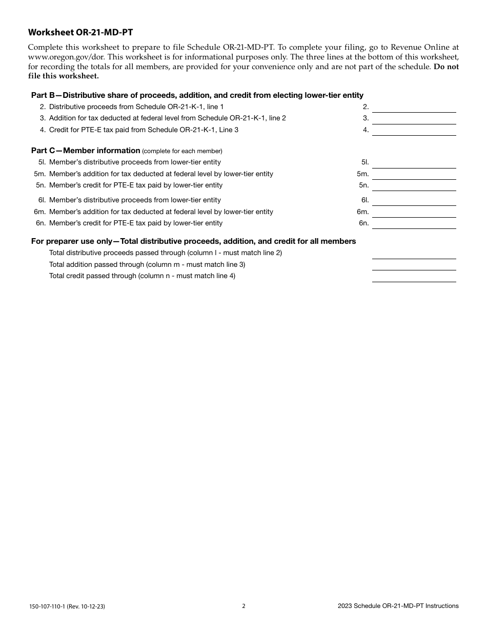 Instructions for Form 150-107-110 Schedule OR-21-MD-PT Pass Through of Distributive Share of Proceeds, Addition, and Credit - Oregon, Page 2