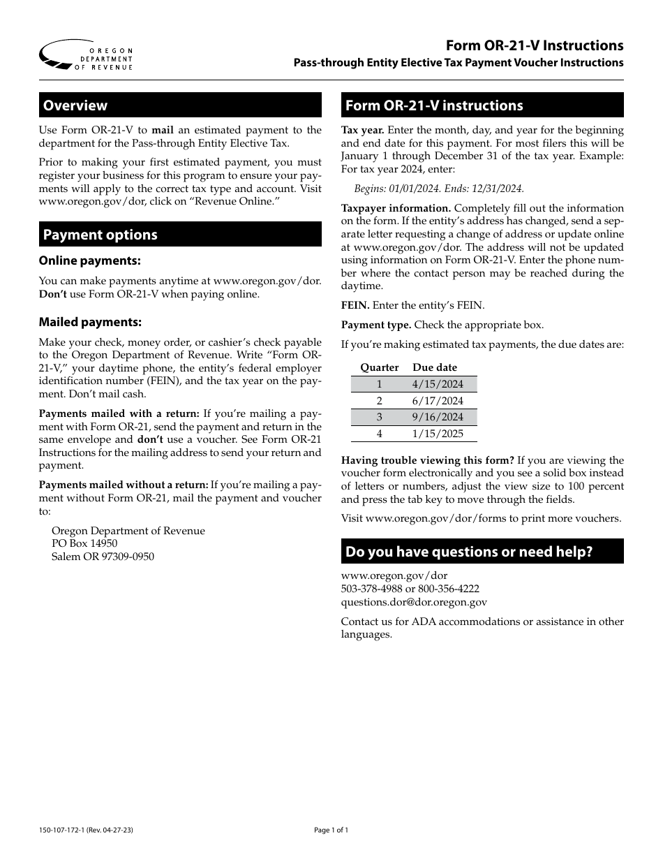 Instructions for Form OR-21-V, 150-107-172 Pass-Through Entity Elective Tax Payment Voucher - Oregon, Page 1