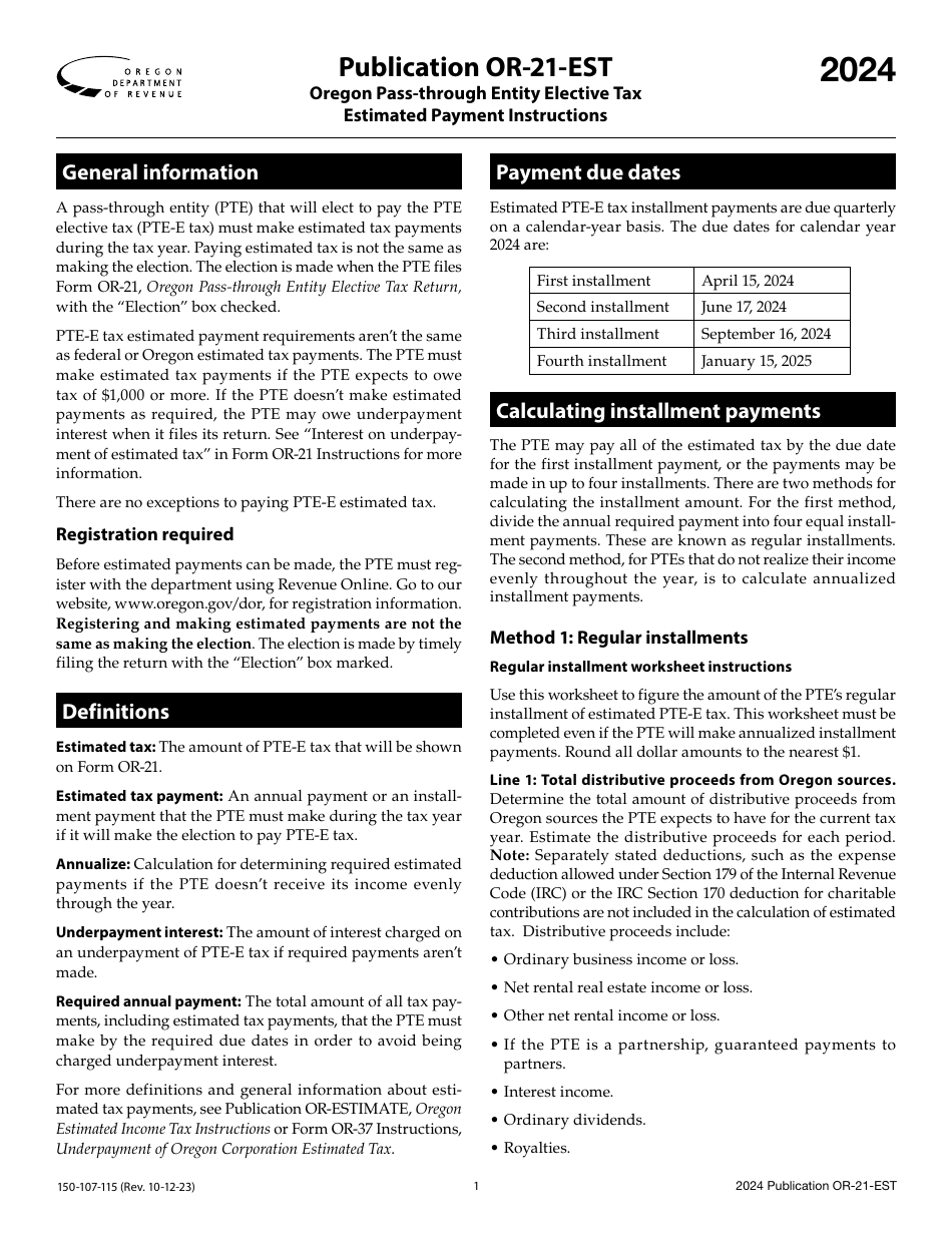 Form OR-21-EST (150-107-115) Oregon Pass-Through Entity Elective Tax Estimated Payment Instructions - Oregon, Page 1