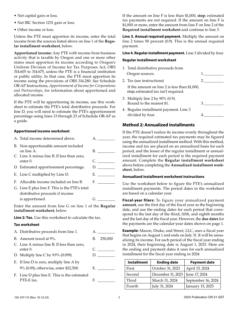 Form OR-21-EST (150-107-115) Oregon Pass-Through Entity Elective Tax Estimated Payment Instructions - Oregon, Page 2
