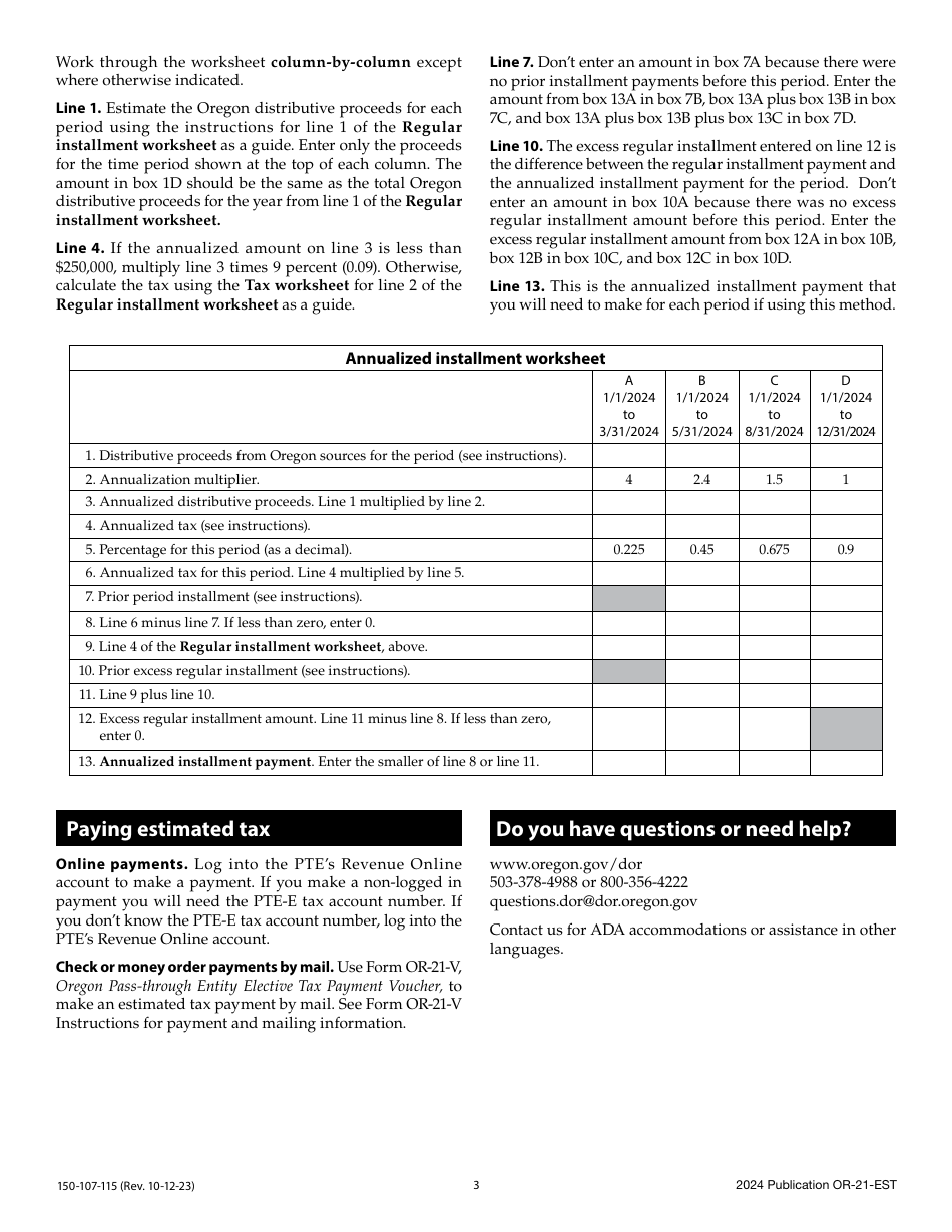 Form OR-21-EST (150-107-115) Oregon Pass-Through Entity Elective Tax Estimated Payment Instructions - Oregon, Page 3