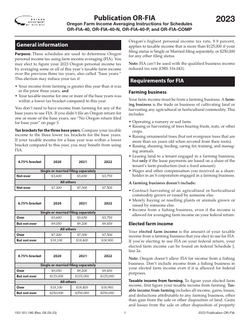 Form OR-FIA (150-101-180) Oregon Farm Income Averaging Instructions for Schedules or-Fia-40, or-Fia-40-n, or-Fia-40-p, and or-Fia-Comp - Oregon, 2023