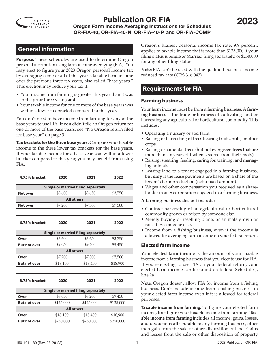 Form OR-FIA (150-101-180) Oregon Farm Income Averaging Instructions for Schedules or-Fia-40, or-Fia-40-n, or-Fia-40-p, and or-Fia-Comp - Oregon, Page 1