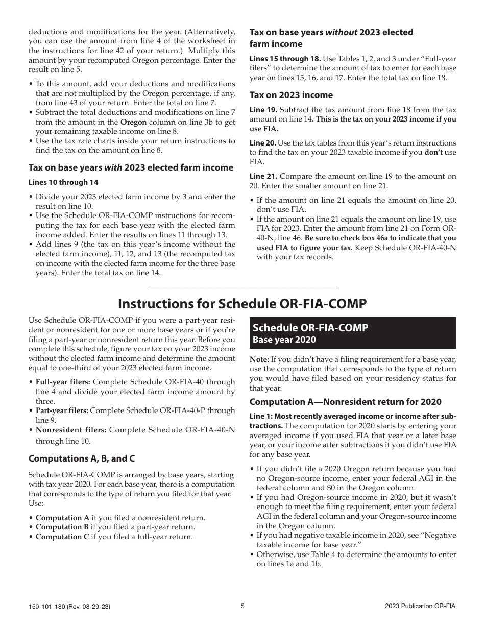 Form OR-FIA (150-101-180) Oregon Farm Income Averaging Instructions for Schedules or-Fia-40, or-Fia-40-n, or-Fia-40-p, and or-Fia-Comp - Oregon, Page 5