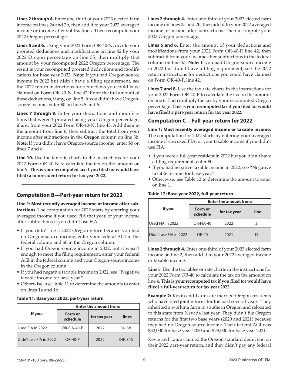 Form OR-FIA (150-101-180) Oregon Farm Income Averaging Instructions for Schedules or-Fia-40, or-Fia-40-n, or-Fia-40-p, and or-Fia-Comp - Oregon, Page 9