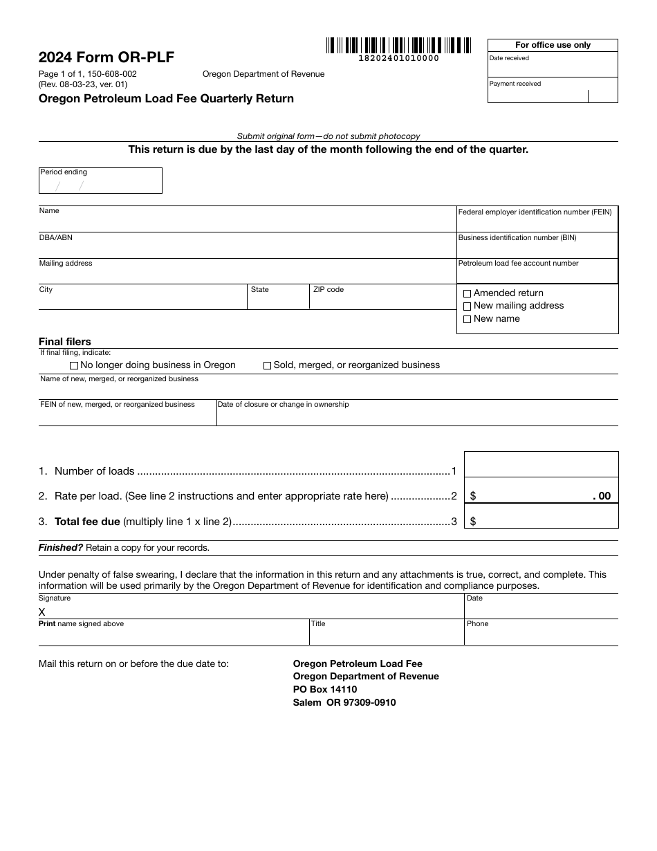 Form OR-PLF (150-608-002) Oregon Petroleum Load Fee Quarterly Return - Oregon, Page 1