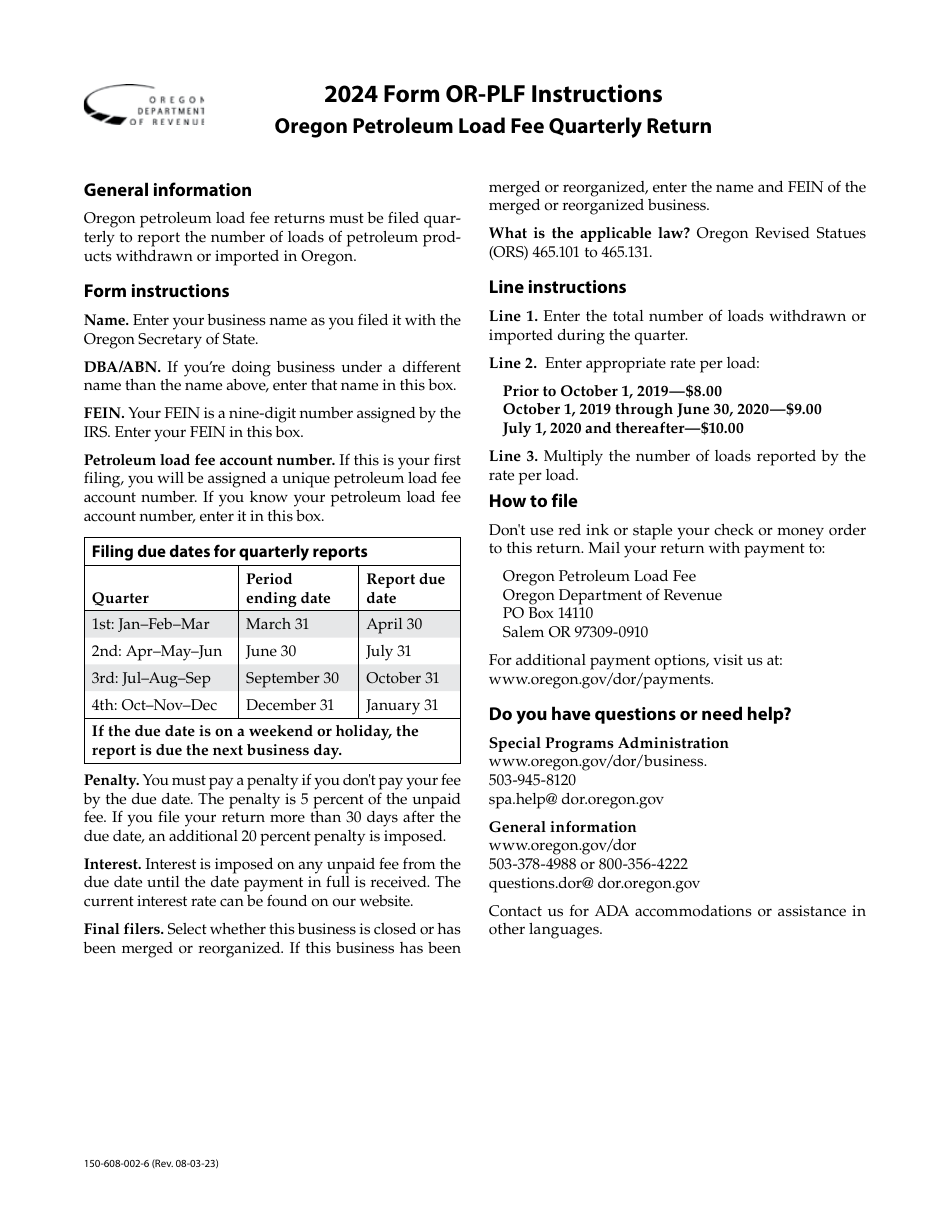 Instructions for Form OR-PLF, 150-608-002 Oregon Petroleum Load Fee Quarterly Return - Oregon, Page 1