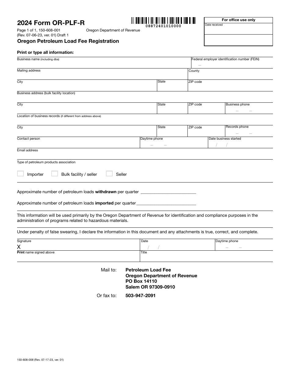 Form OR-PLF-R (150-608-001) Oregon Petroleum Load Fee Registration - Oregon, Page 1