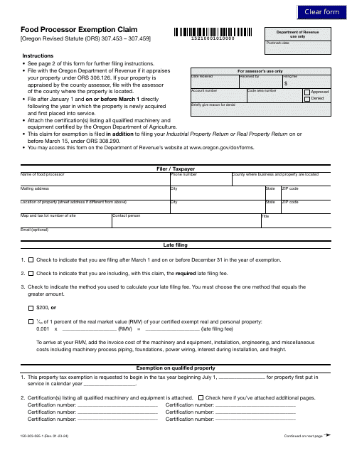 Form 150-303-085-1 Food Processor Exemption Claim - Oregon