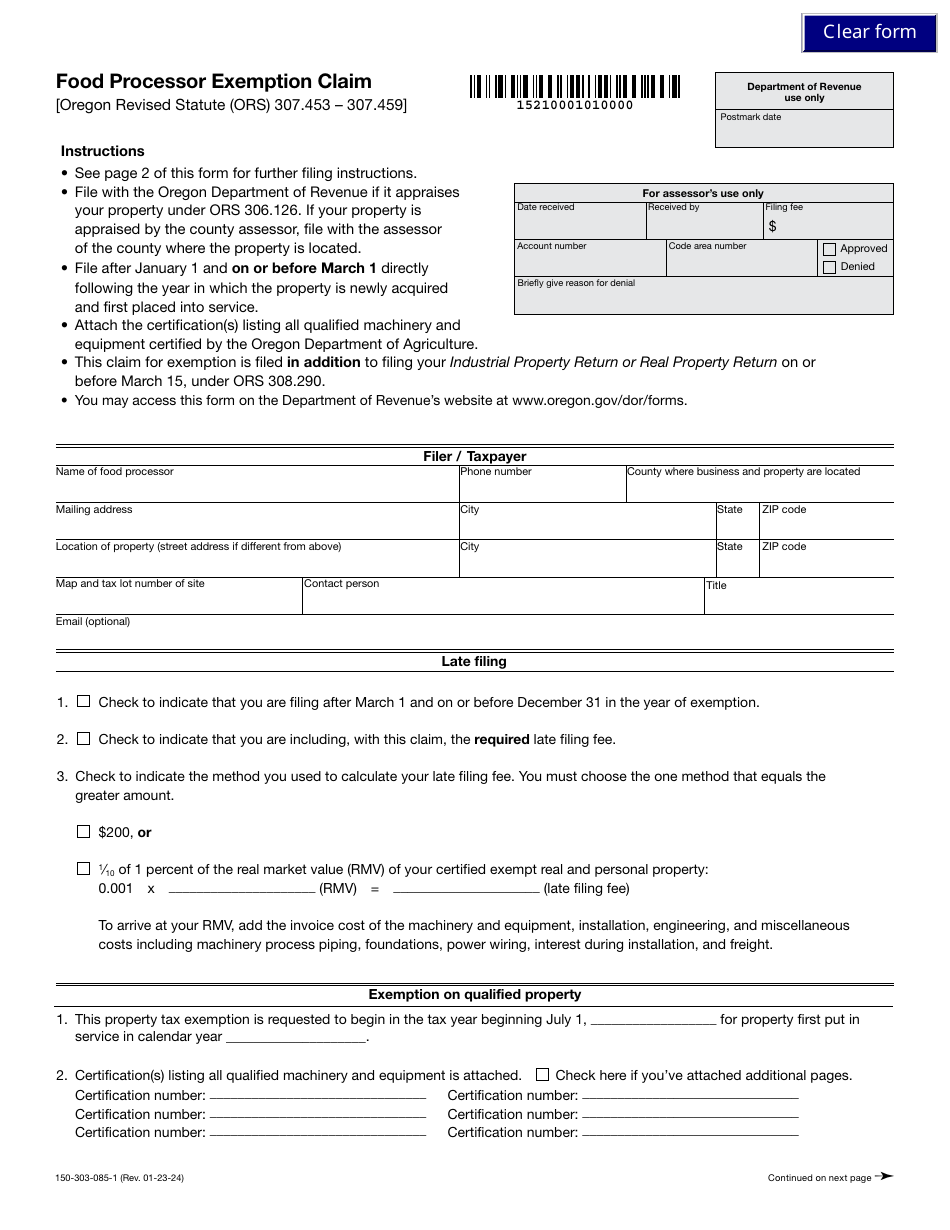 Form 150-303-085-1 Food Processor Exemption Claim - Oregon, Page 1