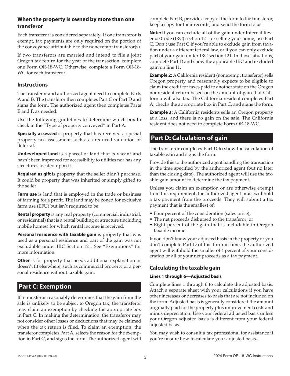 Instructions for Form OR-18-WC, 150-101-284 Report of Tax Payment or Written Affirmation for Oregon Real Property Conveyance - Oregon, Page 3