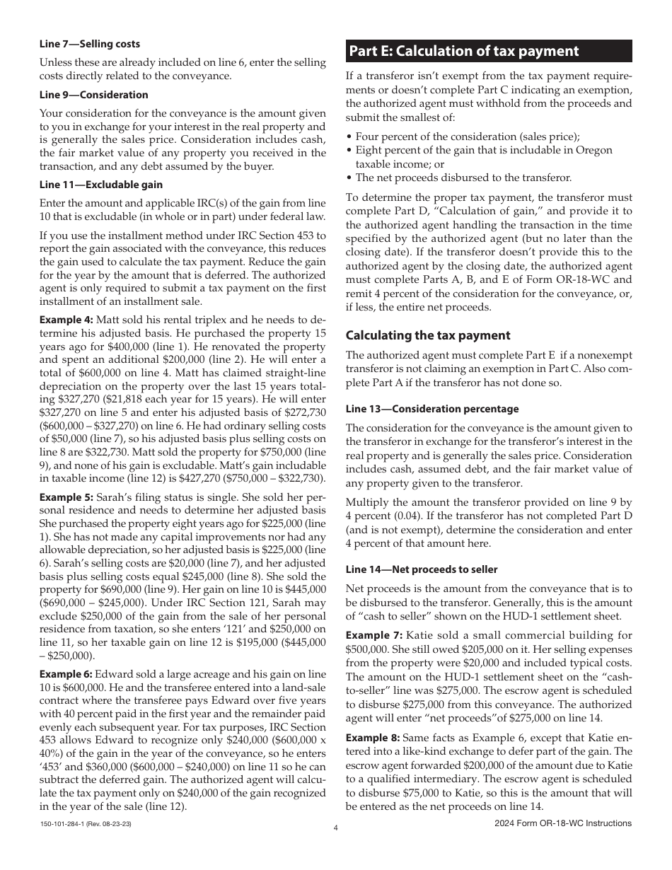 Instructions for Form OR-18-WC, 150-101-284 Report of Tax Payment or Written Affirmation for Oregon Real Property Conveyance - Oregon, Page 4