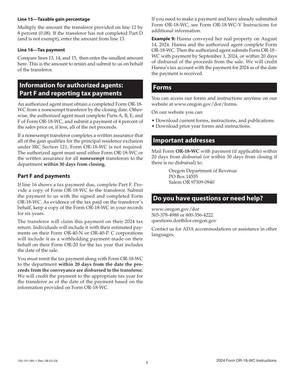 Instructions for Form OR-18-WC, 150-101-284 Report of Tax Payment or Written Affirmation for Oregon Real Property Conveyance - Oregon, Page 5