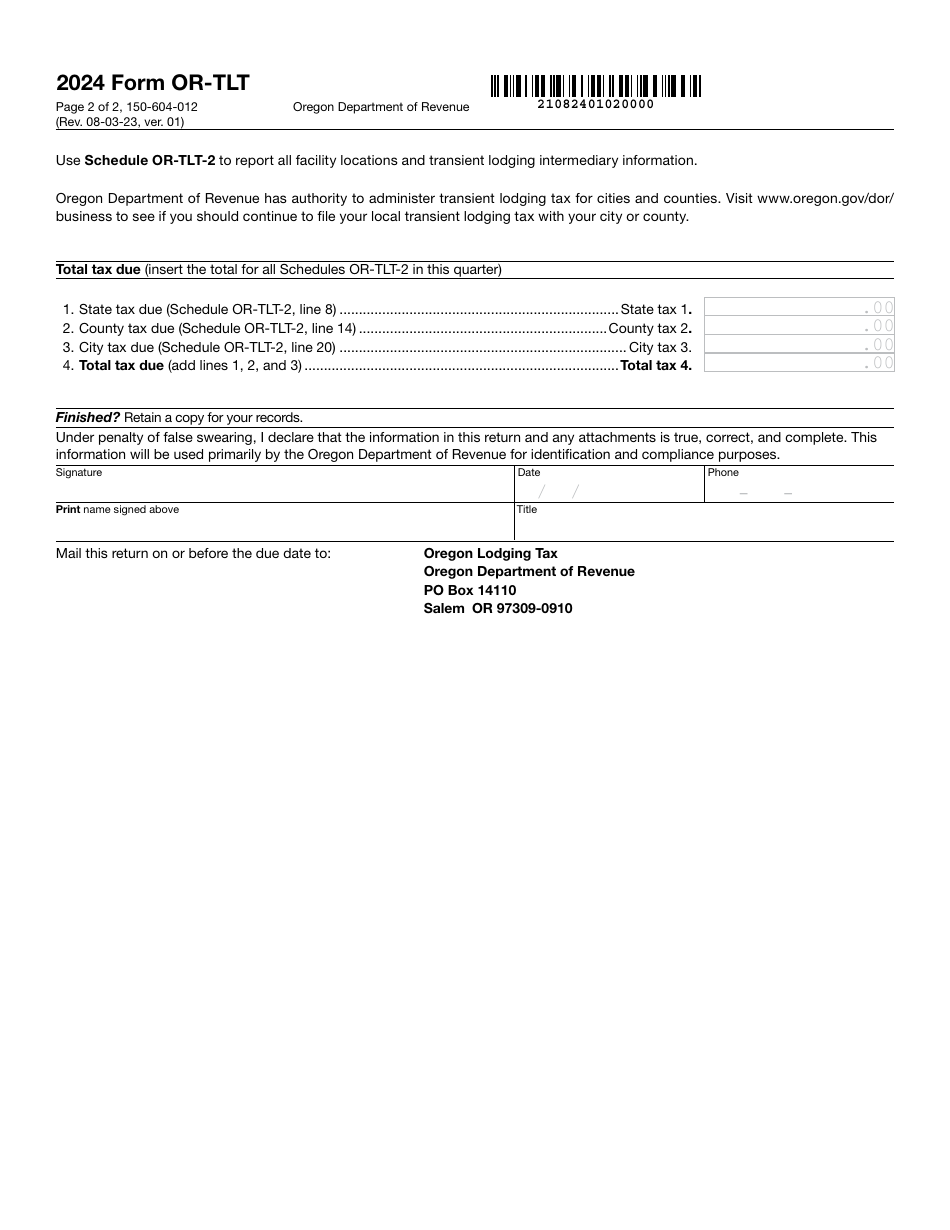 Form OR-TLT (150-604-012) Oregon Transient Lodging Tax Quarterly Return - Oregon, Page 2