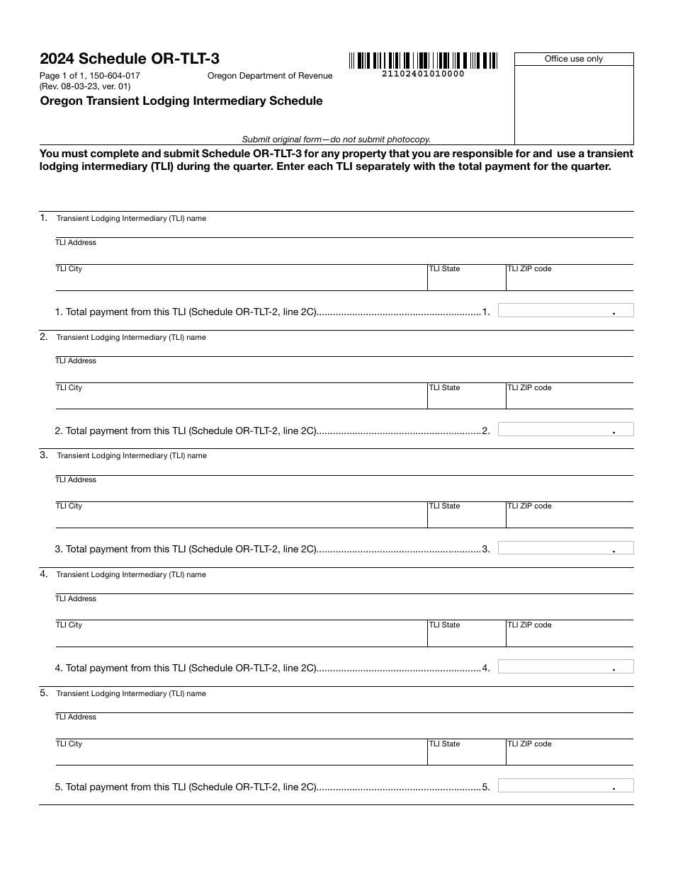 Form 150-604-017 Schedule OR-TLT-3 Oregon Transient Lodging Intermediary Schedule - Oregon, Page 1