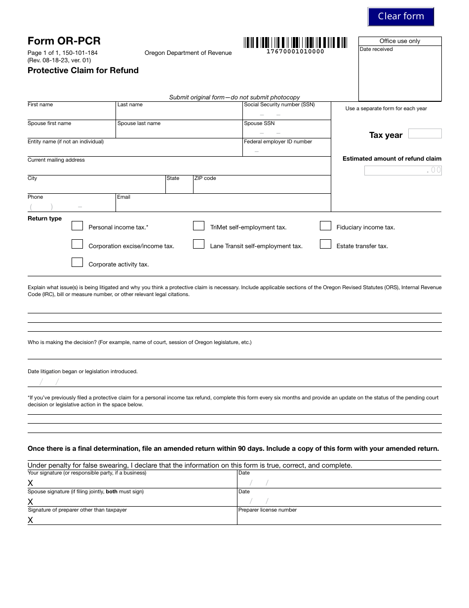Form ORPCR (150101184) Download Fillable PDF or Fill Online