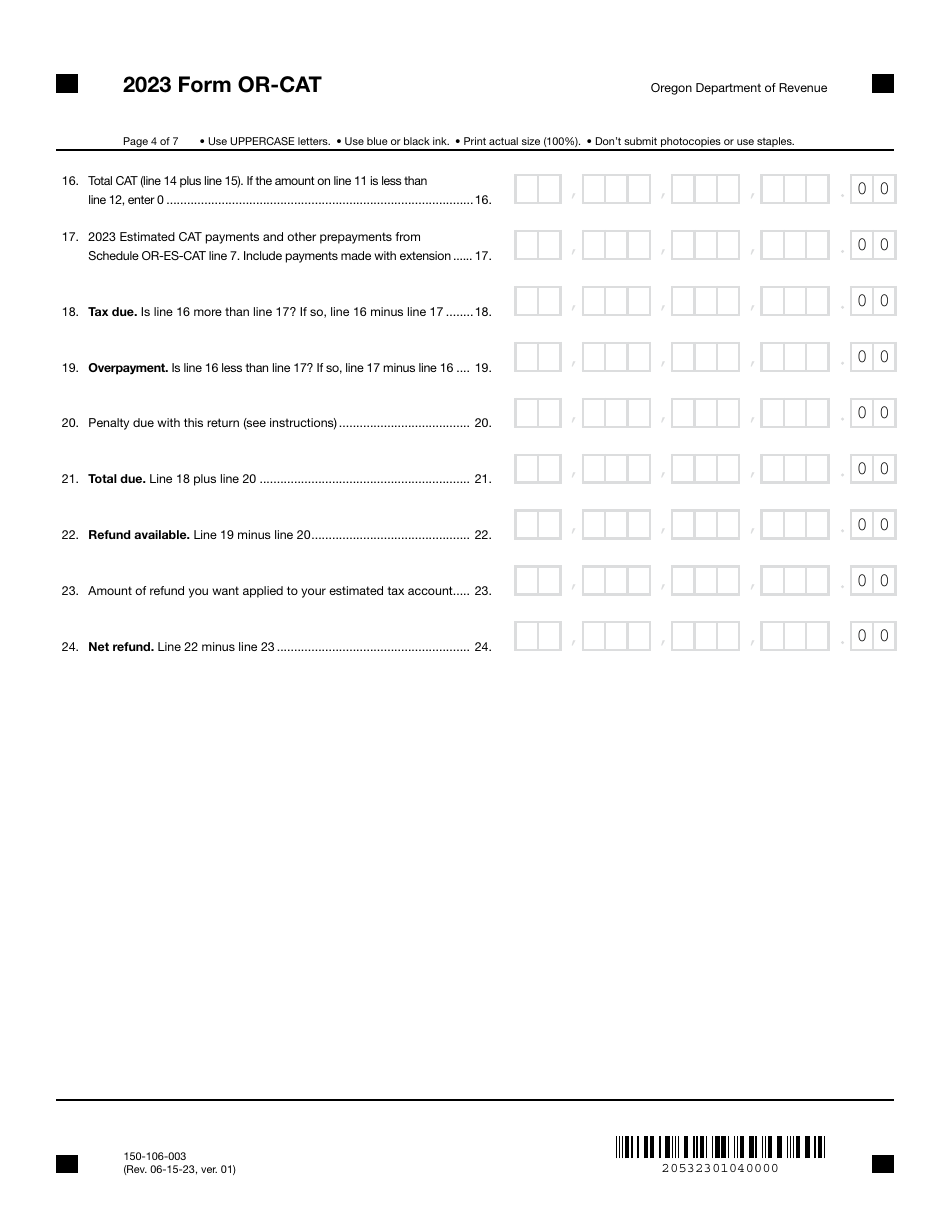 Form OR-CAT (150-106-003) Oregon Corporate Activity Tax Return - Oregon, Page 4