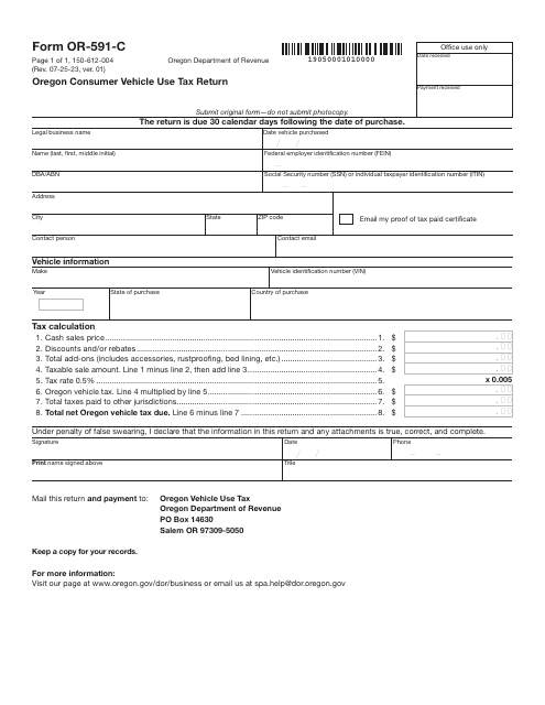 Form OR-591-C (150-612-004) Oregon Consumer Vehicle Use Tax Return - Oregon